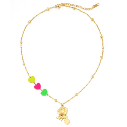 Pink Enamel and 18K Gold-Plated Heart Rose Pendant Necklace, gold pendant necklace for women, front view