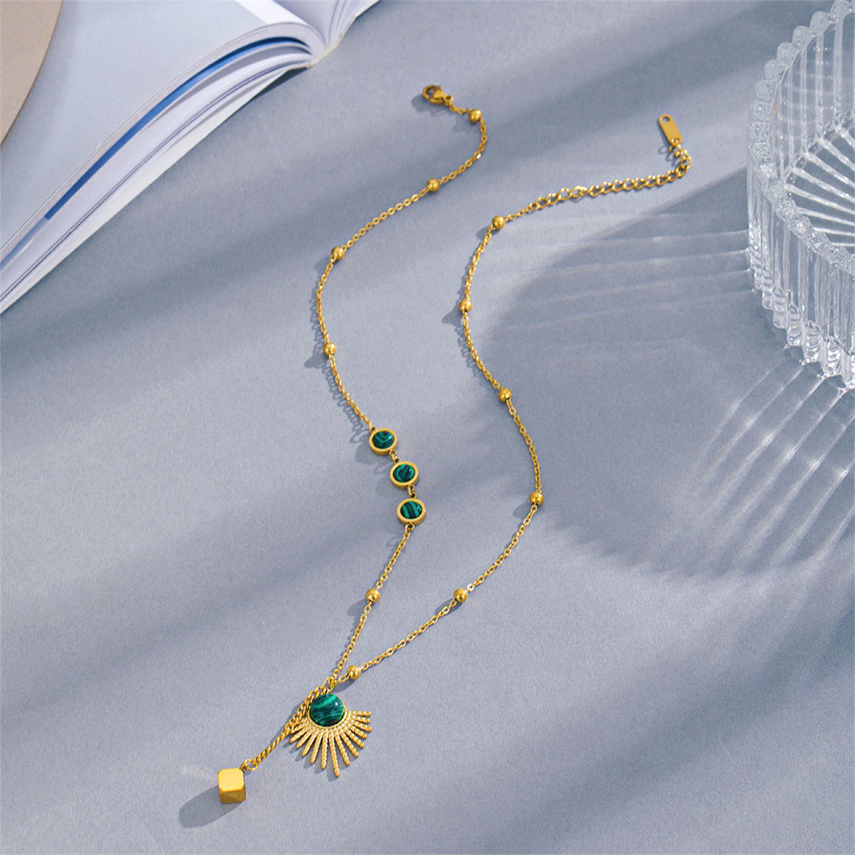 Malachite and 18K Gold-Plated Sun Pendant Necklace, gold pendant necklace for women, elegant gift for her, detail close-up