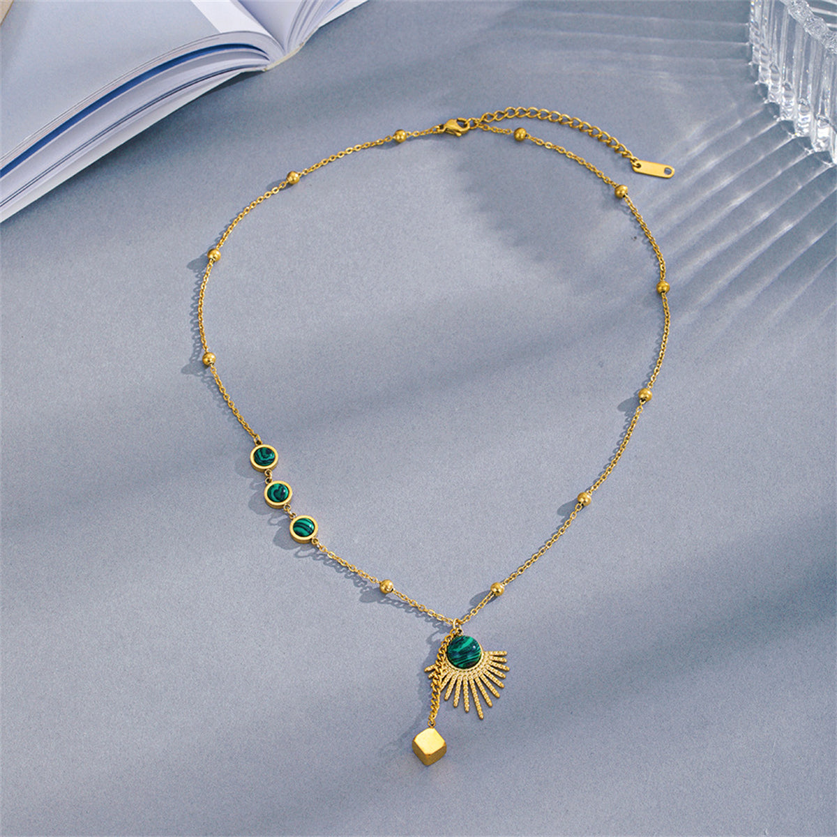 Malachite and 18K Gold-Plated Sun Pendant Necklace, gold pendant necklace for women, elegant gift for her, lifestyle look