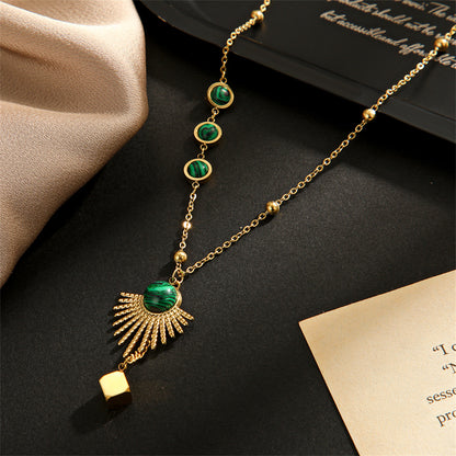 Malachite and 18K Gold-Plated Sun Pendant Necklace, gold pendant necklace for women, elegant gift for her, front view