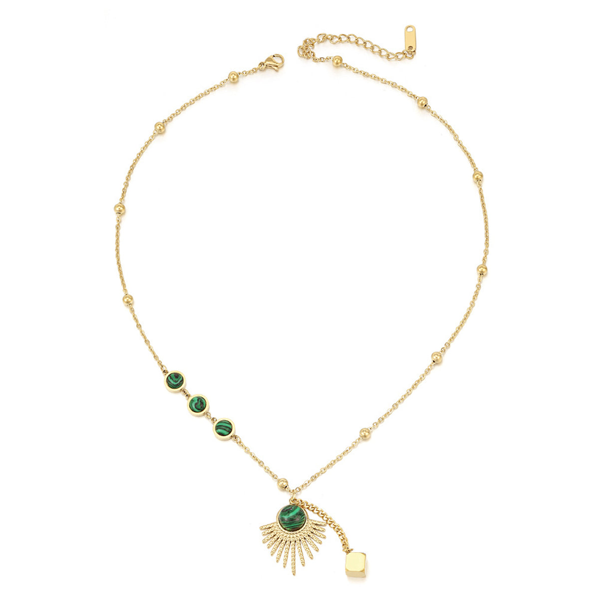 Malachite and 18K Gold-Plated Sun Pendant Necklace, gold pendant necklace for women, elegant gift for her, side view