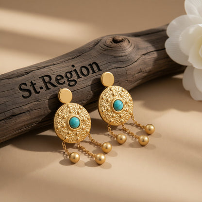 Turquoise and 18K Gold-Plated Medallion Drop Earrings, gold drop earrings for women, elegant gift for her, front view