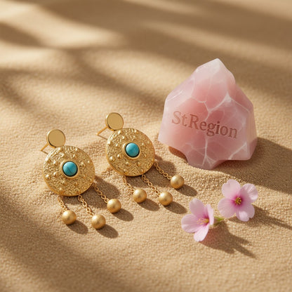 Turquoise and 18K Gold-Plated Medallion Drop Earrings, gold drop earrings for women, elegant gift for her, detail close-up