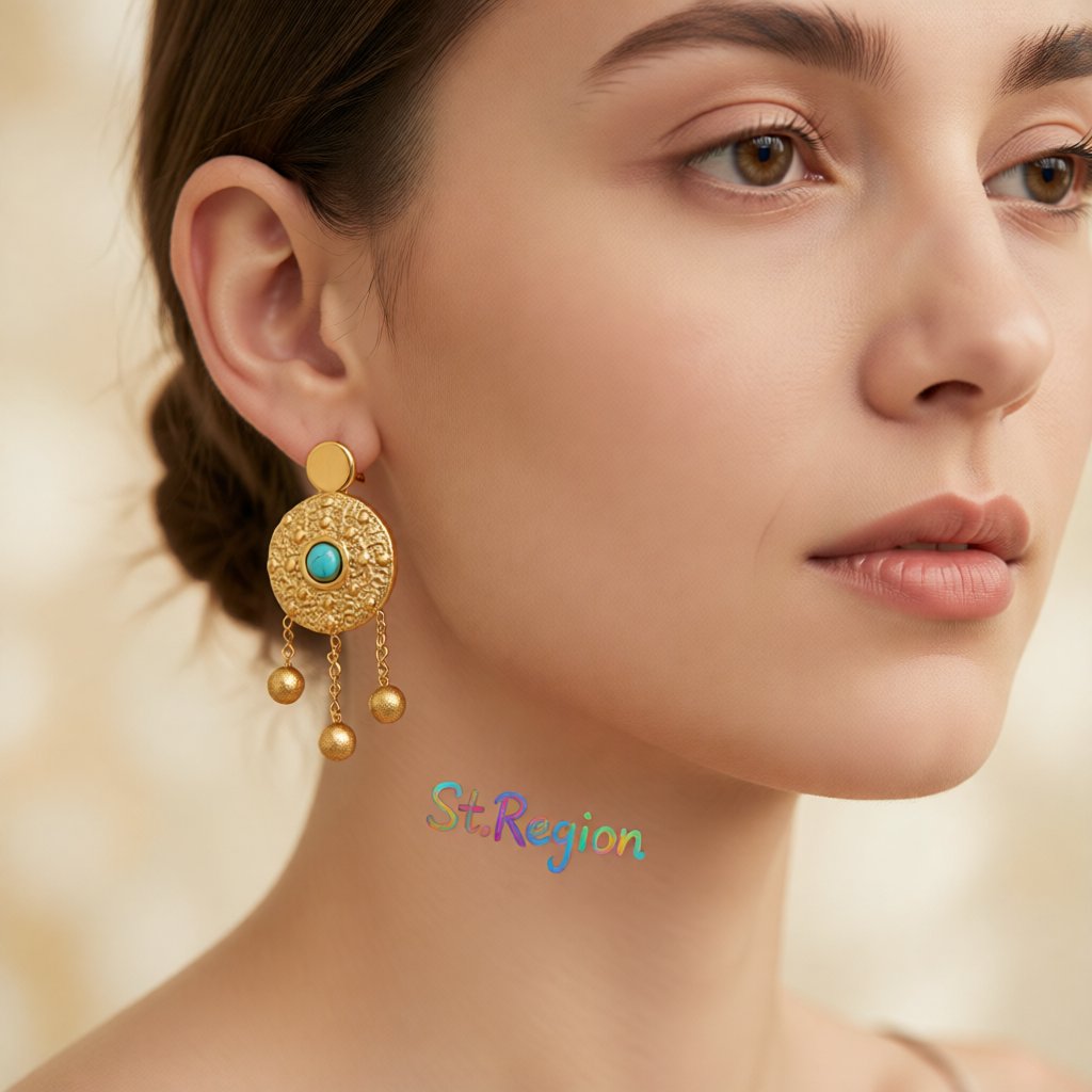 Turquoise and 18K Gold-Plated Medallion Drop Earrings, gold drop earrings for women, elegant gift for her, styled look
