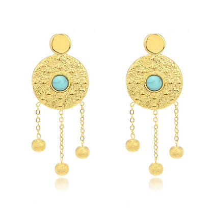 Turquoise and 18K Gold-Plated Medallion Drop Earrings, gold drop earrings for women, elegant gift for her, side view