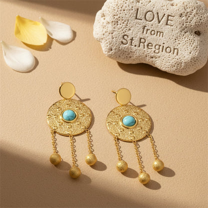 Turquoise and 18K Gold-Plated Medallion Drop Earrings, gold drop earrings for women, elegant gift for her, lifestyle look