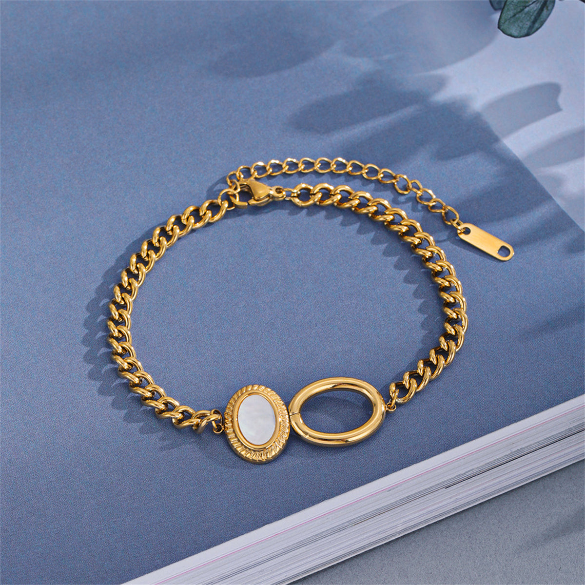 Shell and 18K Gold-Plated Oval Charm Bracelet, gold bracelet for women, elegant gift for her, front view