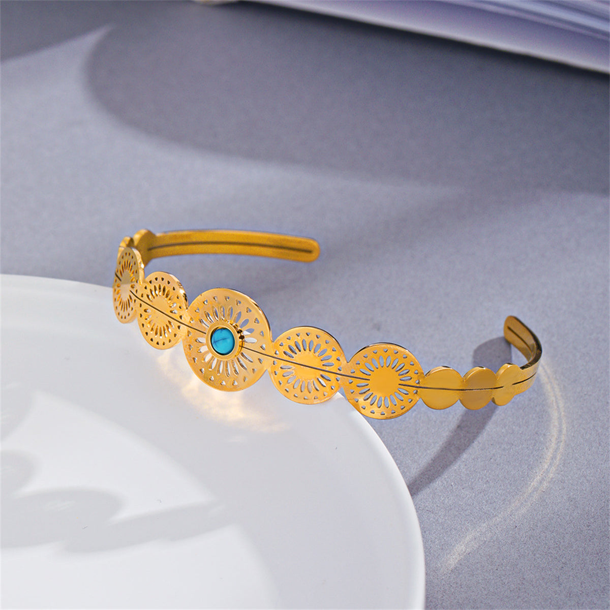 Turquoise & 18K Gold-Plated Floral Plate Cuff