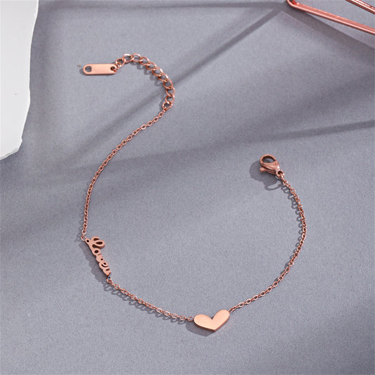 18K Rose Gold-Plated Heart 'Love' Bracelet, rose gold bracelet for women, everyday style, front view