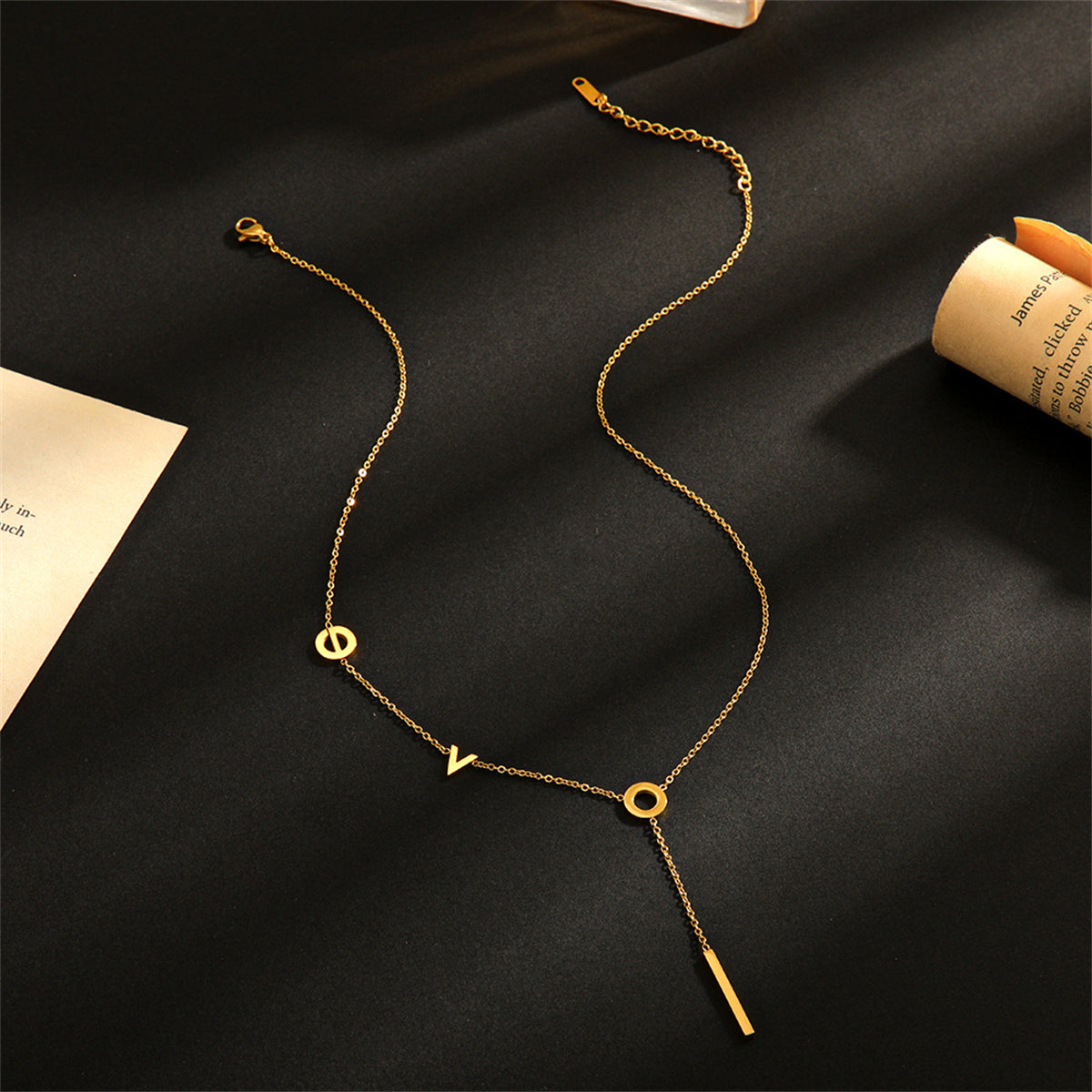 18K Gold-Plated 'Love' Lariat Necklace, gold pendant necklace for women, vintage-inspired design, side view