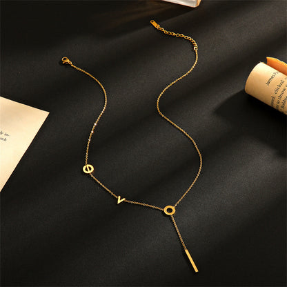18K Gold-Plated 'Love' Lariat Necklace, gold pendant necklace for women, vintage-inspired design, side view