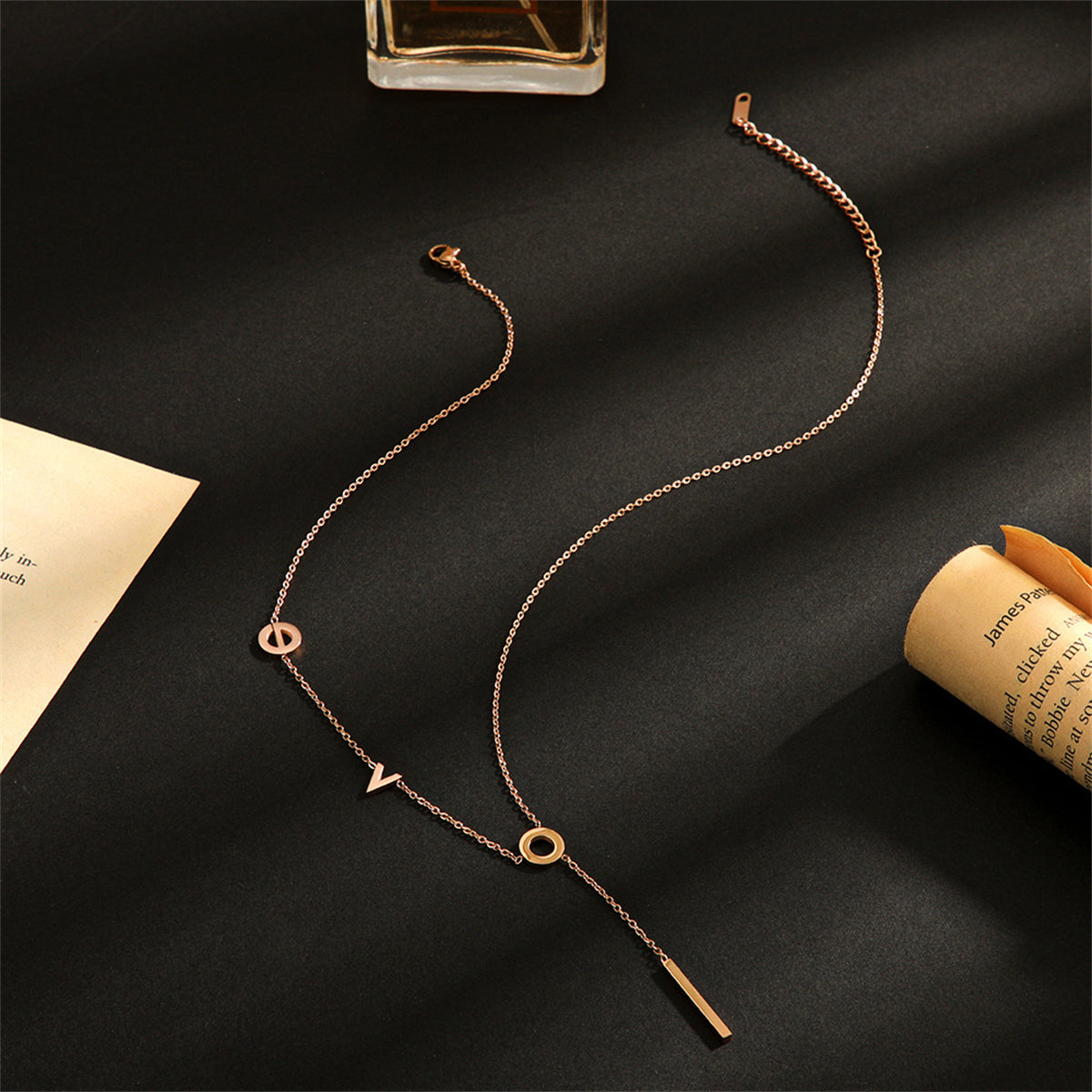 18K Gold-Plated 'Love' Lariat Necklace, gold pendant necklace for women, vintage-inspired design, lifestyle look