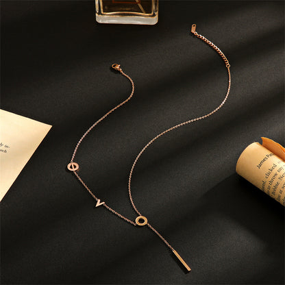 18K Gold-Plated 'Love' Lariat Necklace, gold pendant necklace for women, vintage-inspired design, lifestyle look
