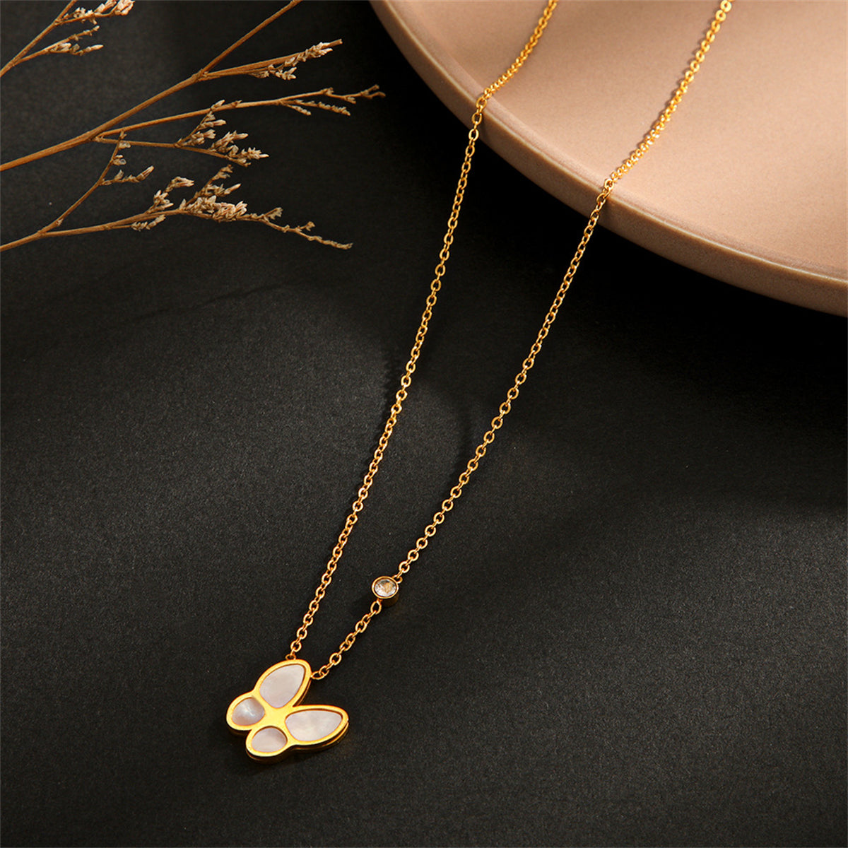 Cubic Zirconia and 18K Gold-Plated Butterfly Pendant Necklace, gold pendant necklace for women, everyday style, side view