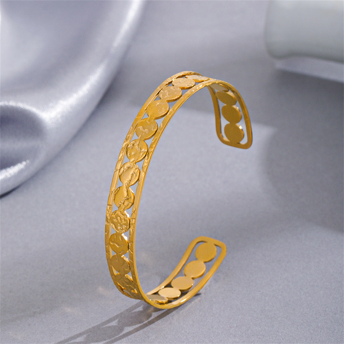 18K Gold-Plated Sequin Cuff, gold bracelet for women, botanical inspired, side view
