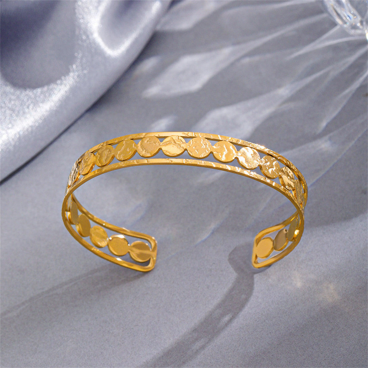 18K Gold-Plated Sequin Cuff, gold bracelet for women, botanical inspired, detail close-up