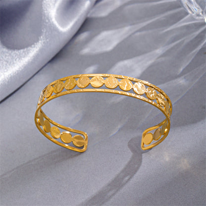 18K Gold-Plated Sequin Cuff, gold bracelet for women, botanical inspired, detail close-up