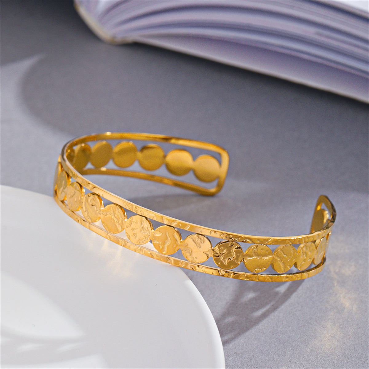18K Gold-Plated Sequin Cuff, gold bracelet for women, botanical inspired, lifestyle look