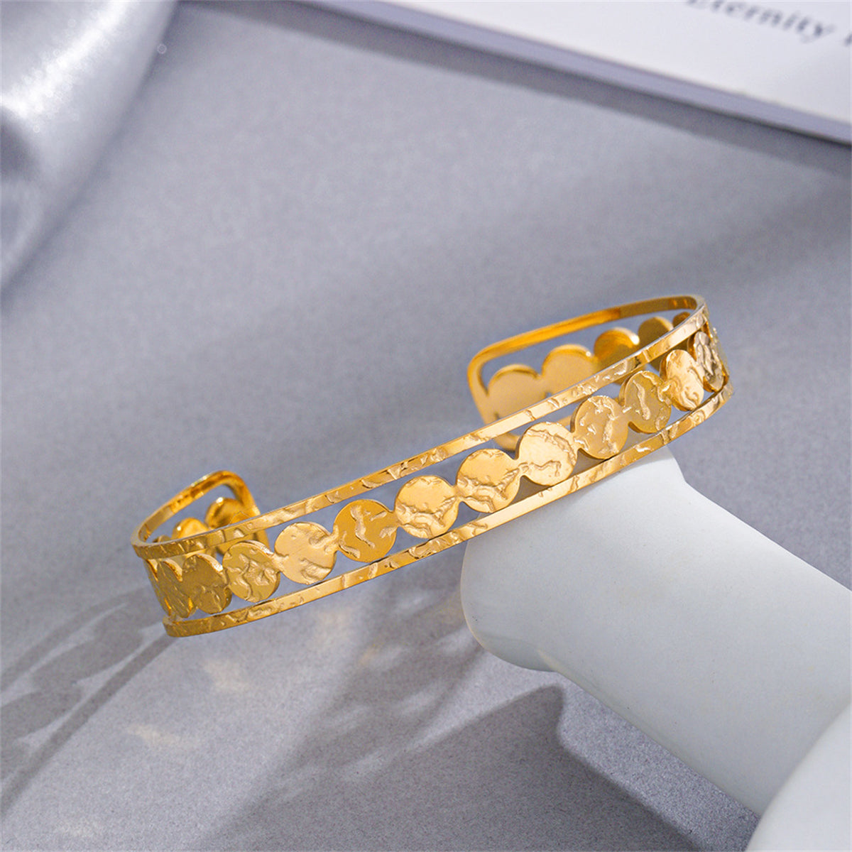 18K Gold-Plated Sequin Cuff, gold bracelet for women, botanical inspired, styled look