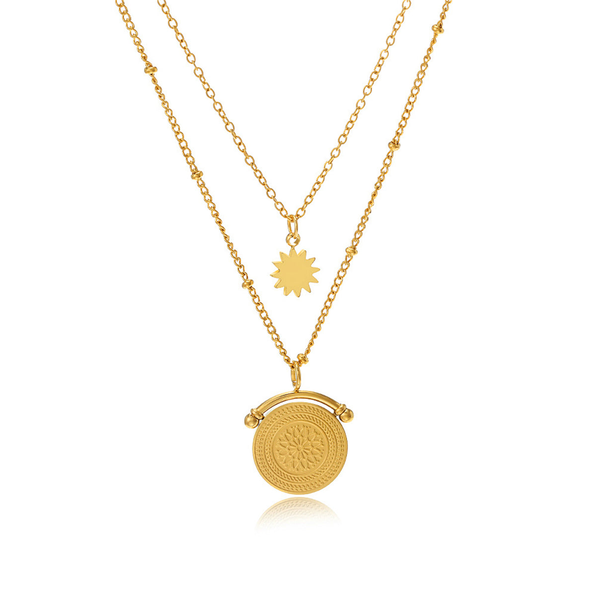 18K Gold-Plated Floral Coin Layered Pendant Necklace, gold pendant necklace for women, vintage-inspired design, front view