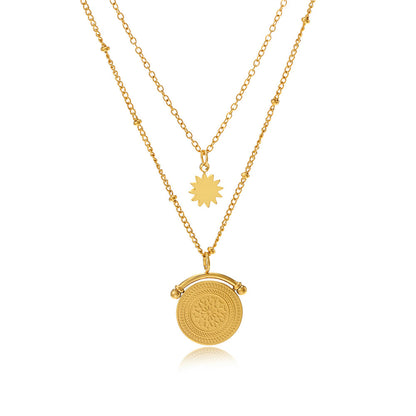 18K Gold-Plated Floral Coin Layered Pendant Necklace, gold pendant necklace for women, vintage-inspired design, front view