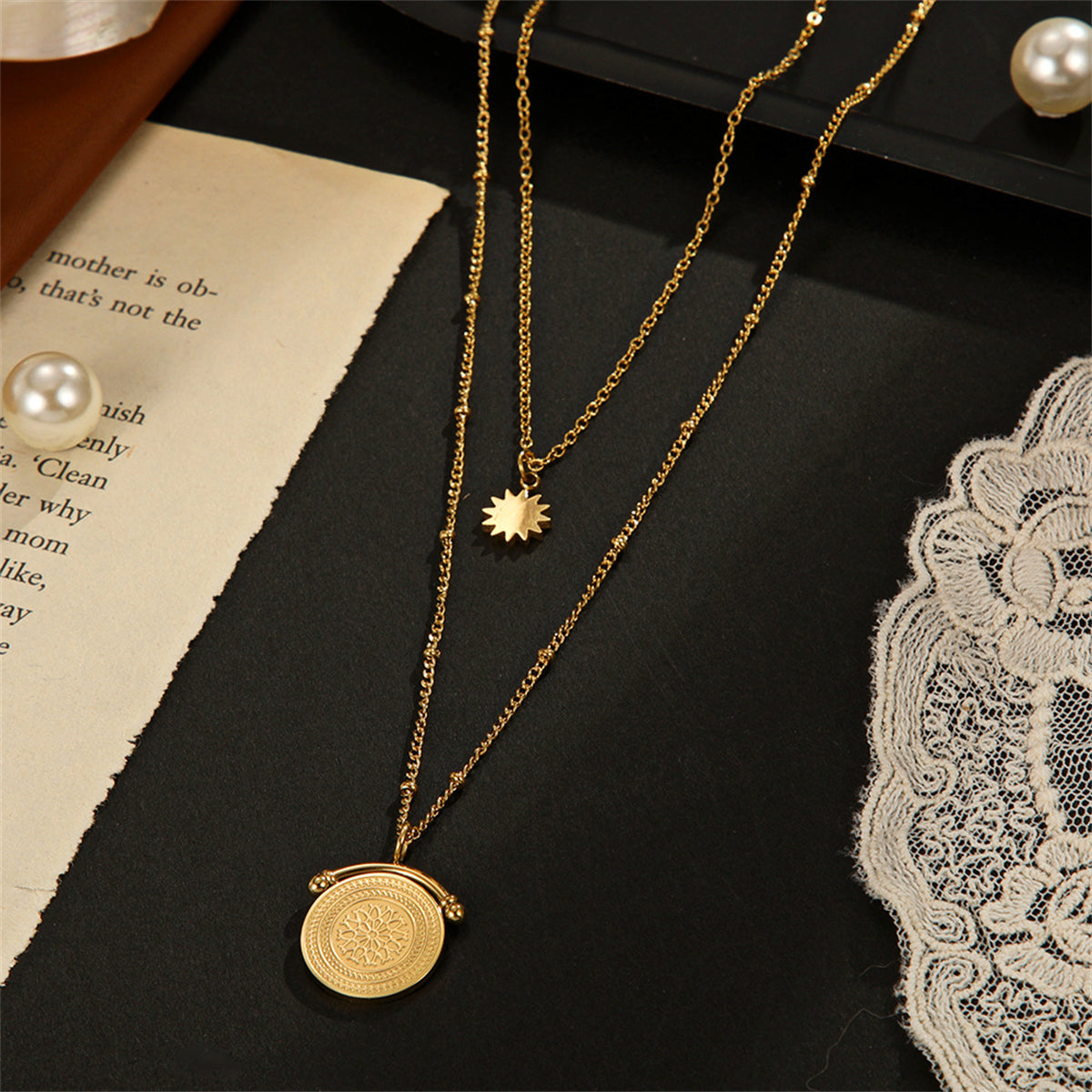 18K Gold-Plated Floral Coin Layered Pendant Necklace, gold pendant necklace for women, vintage-inspired design, side view