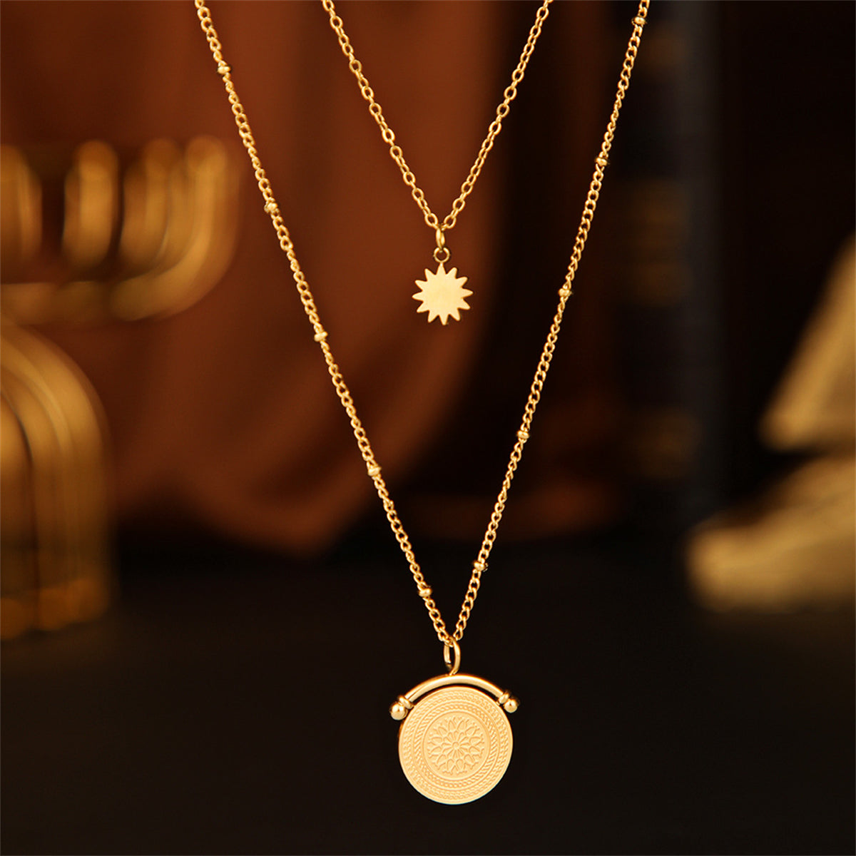 18K Gold-Plated Floral Coin Layered Pendant Necklace, gold pendant necklace for women, detail close-up