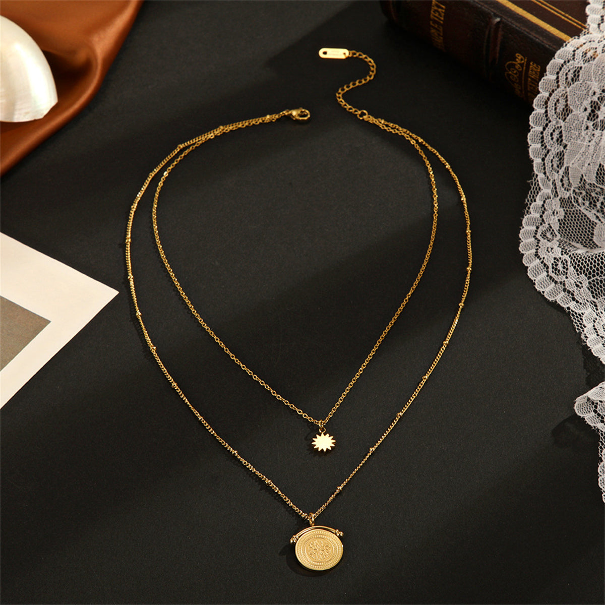 18K Gold-Plated Floral Coin Layered Pendant Necklace, gold pendant necklace for women, lifestyle look