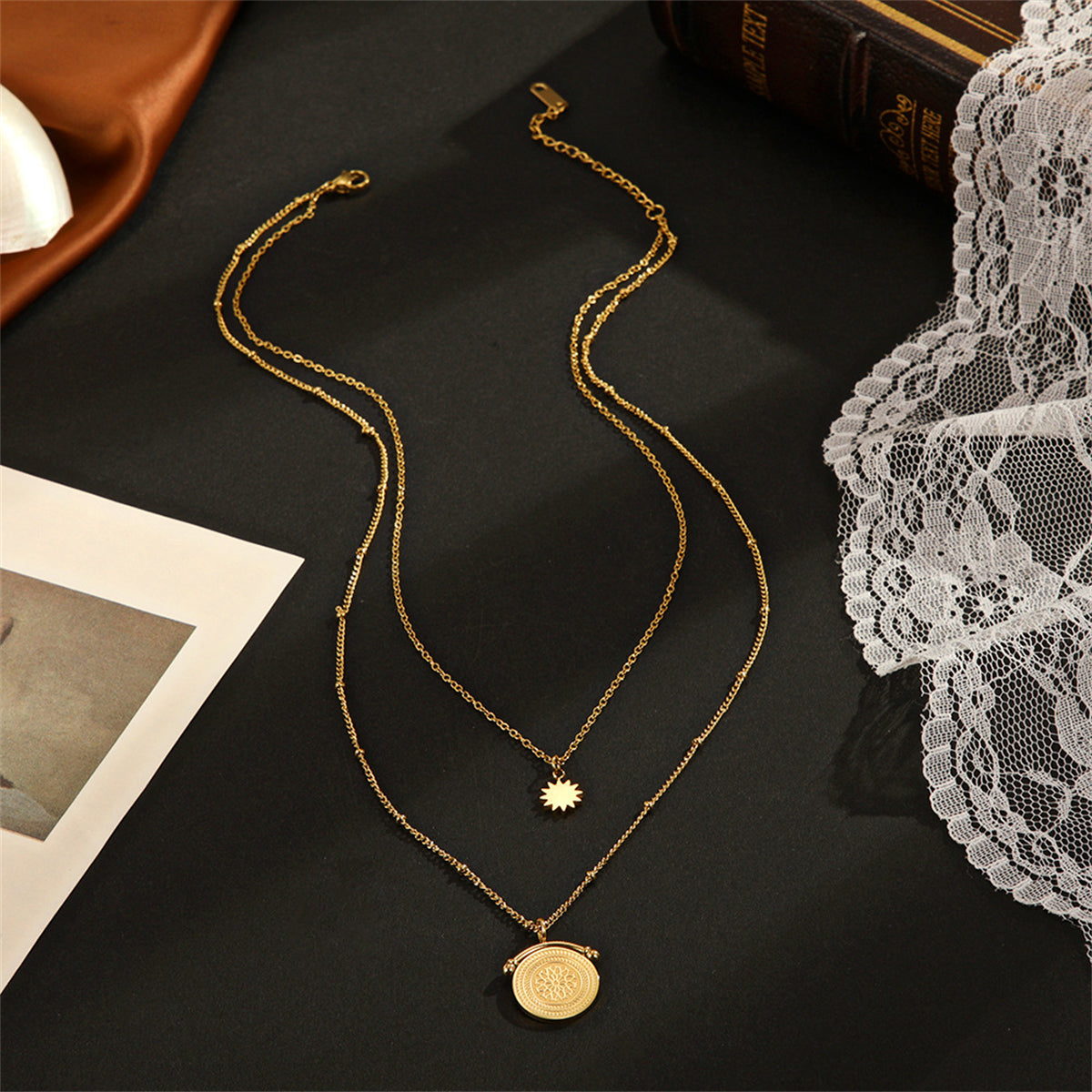 18K Gold-Plated Floral Coin Layered Pendant Necklace, gold pendant necklace for women, vintage-inspired design, styled look