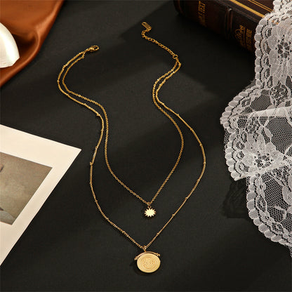 18K Gold-Plated Floral Coin Layered Pendant Necklace, gold pendant necklace for women, vintage-inspired design, styled look