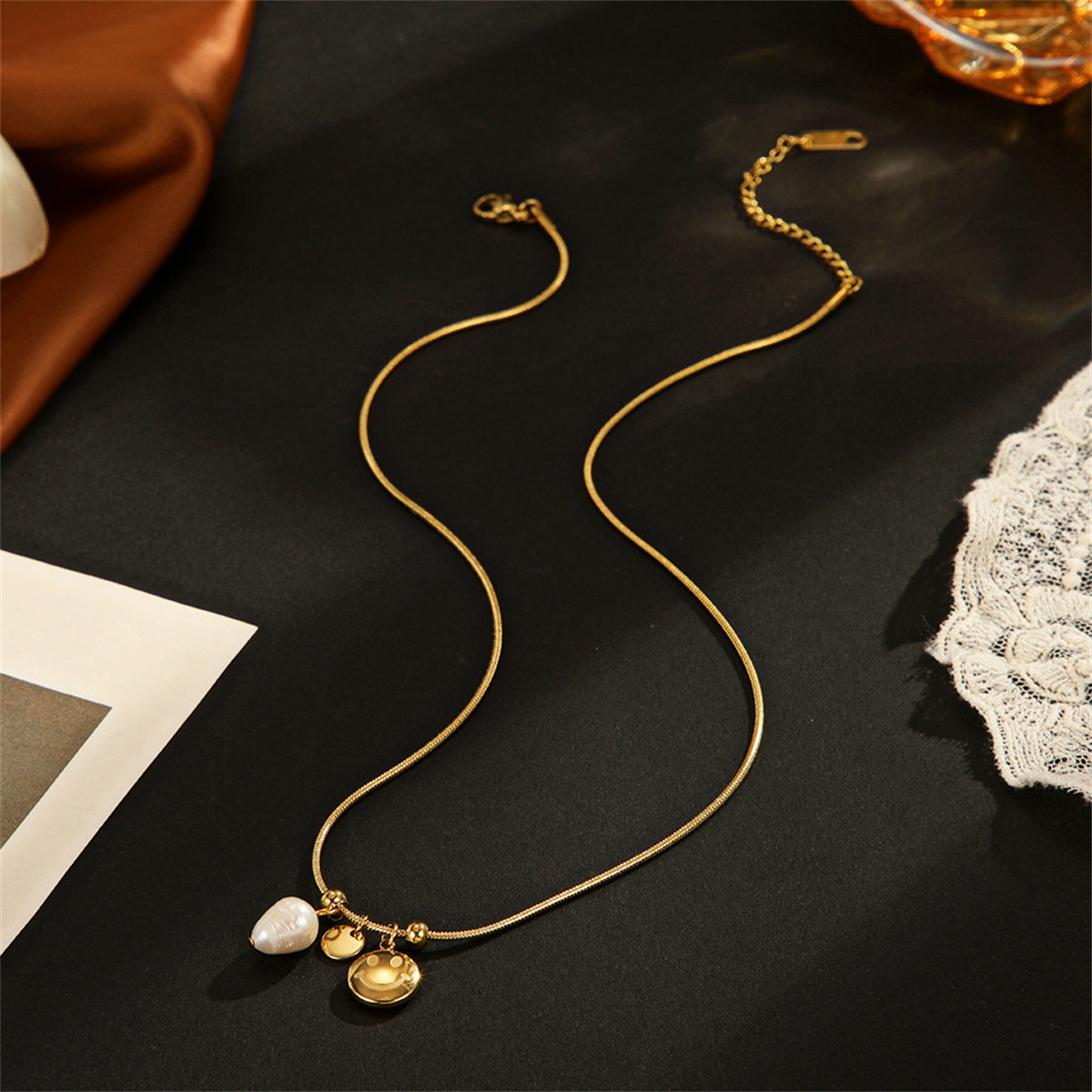 Pearl and 18K Gold-Plated Smiley Pendant Necklace, gold pendant necklace for women, vintage-inspired design, side view