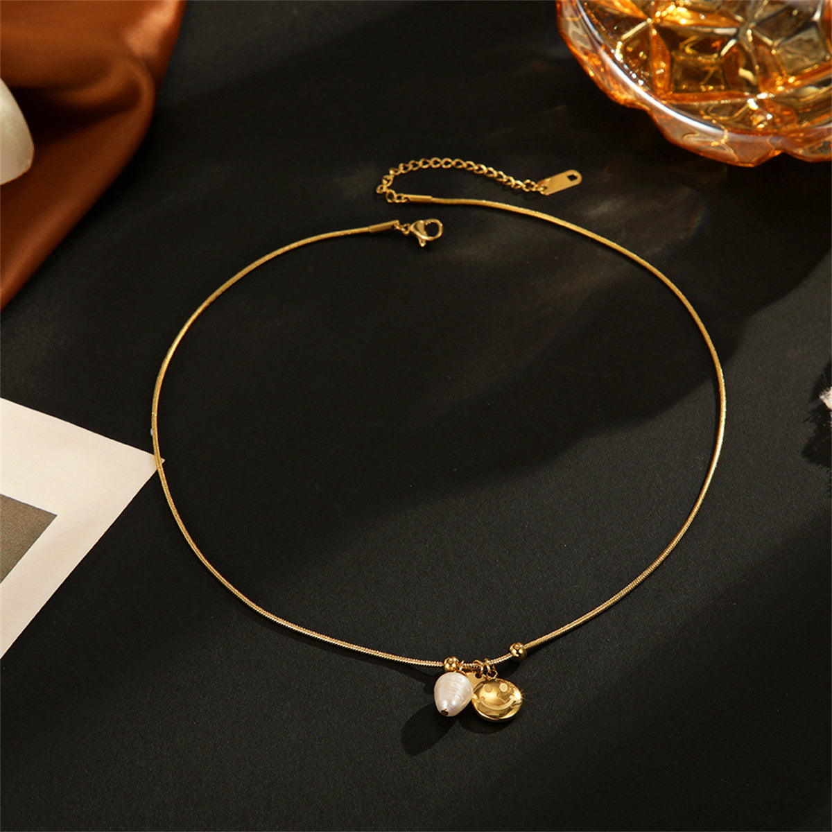 Pearl and 18K Gold-Plated Smiley Pendant Necklace, gold pendant necklace for women, vintage-inspired design, lifestyle look