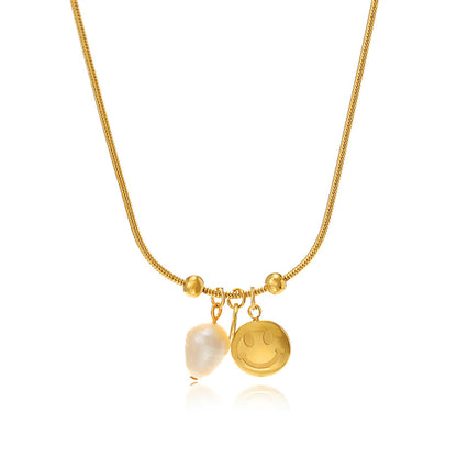 Pearl and 18K Gold-Plated Smiley Pendant Necklace, gold pendant necklace for women, vintage-inspired design, front view