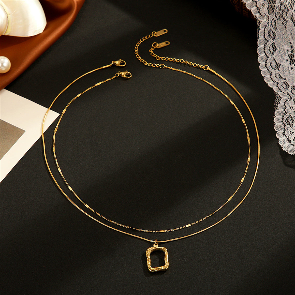 18K Gold-Plated Open Rectangle Pendant Necklace and Chain Necklace, jewelry gift sets for women, side view