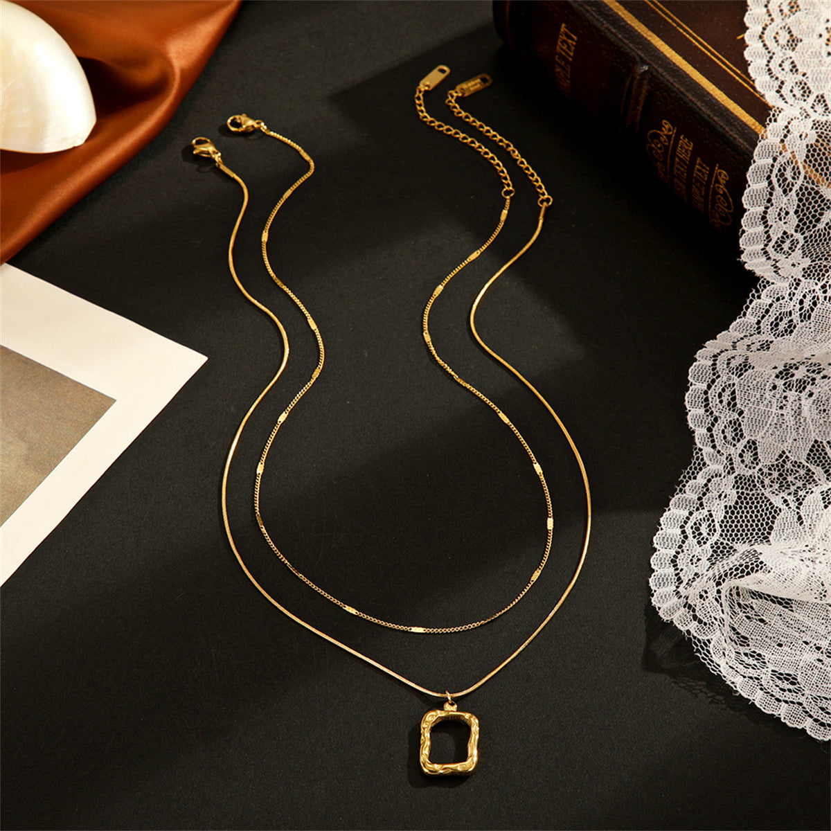 18K Gold-Plated Open Rectangle Pendant Necklace and Chain Necklace, jewelry gift sets for women, detail close-up