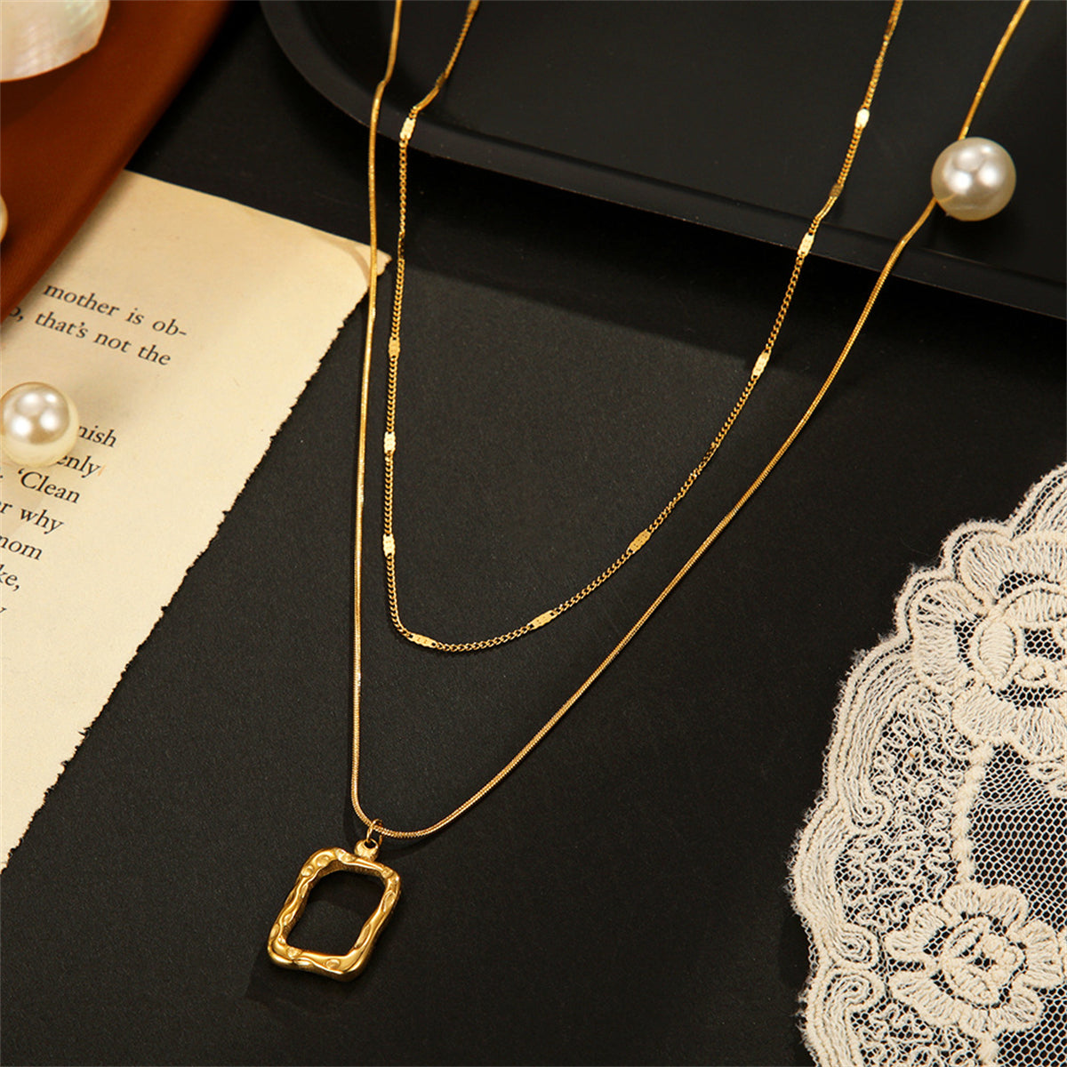 18K Gold-Plated Open Rectangle Pendant Necklace and Chain Necklace, jewelry gift sets for women, lifestyle look