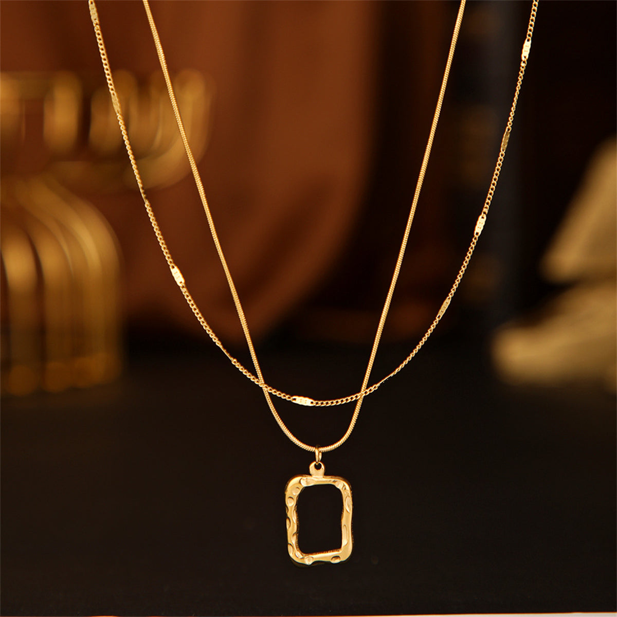 18K Gold-Plated Open Rectangle Pendant Necklace and Chain Necklace, jewelry gift sets for women, styled look