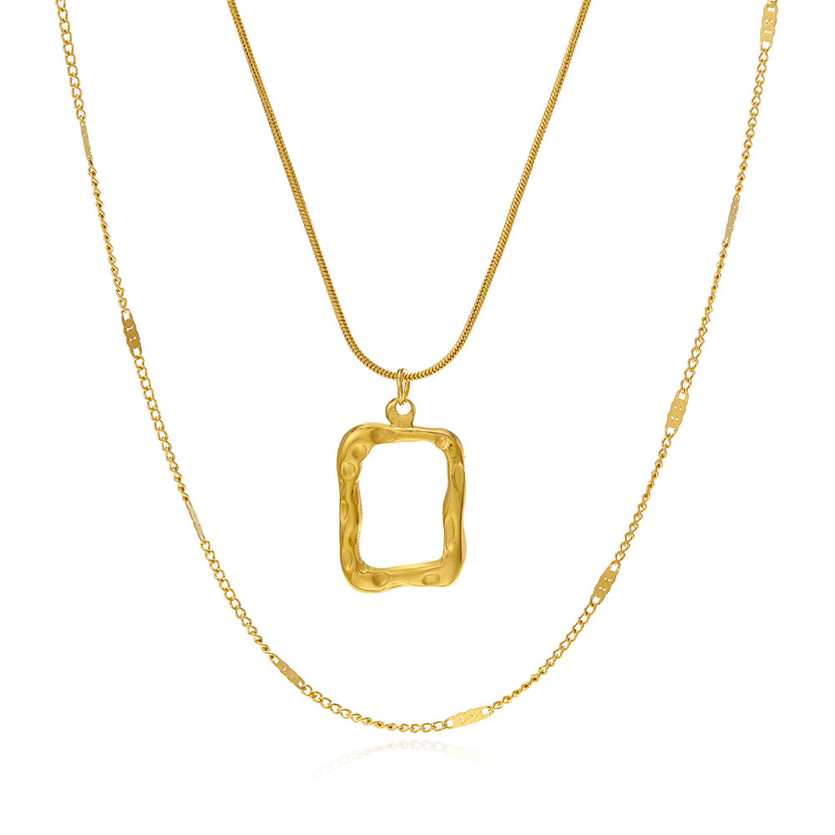 18K Gold-Plated Open Rectangle Pendant Necklace and Chain Necklace, jewelry gift sets for women, front view