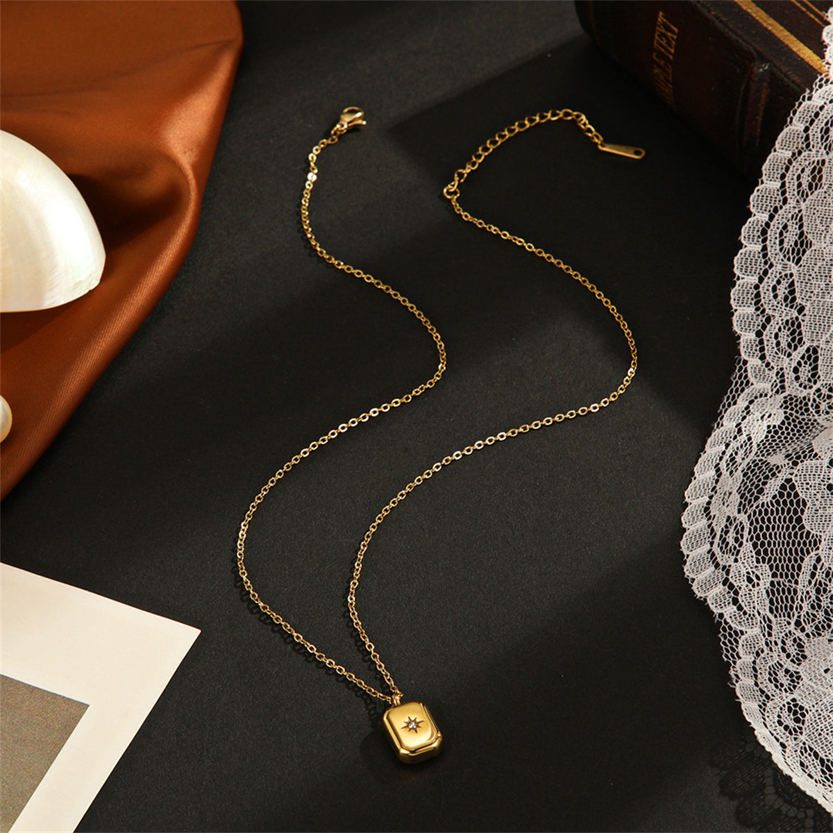 Cubic Zirconia and 18K Gold-Plated Star Card Pendant Necklace, gold pendant necklace for women, side view