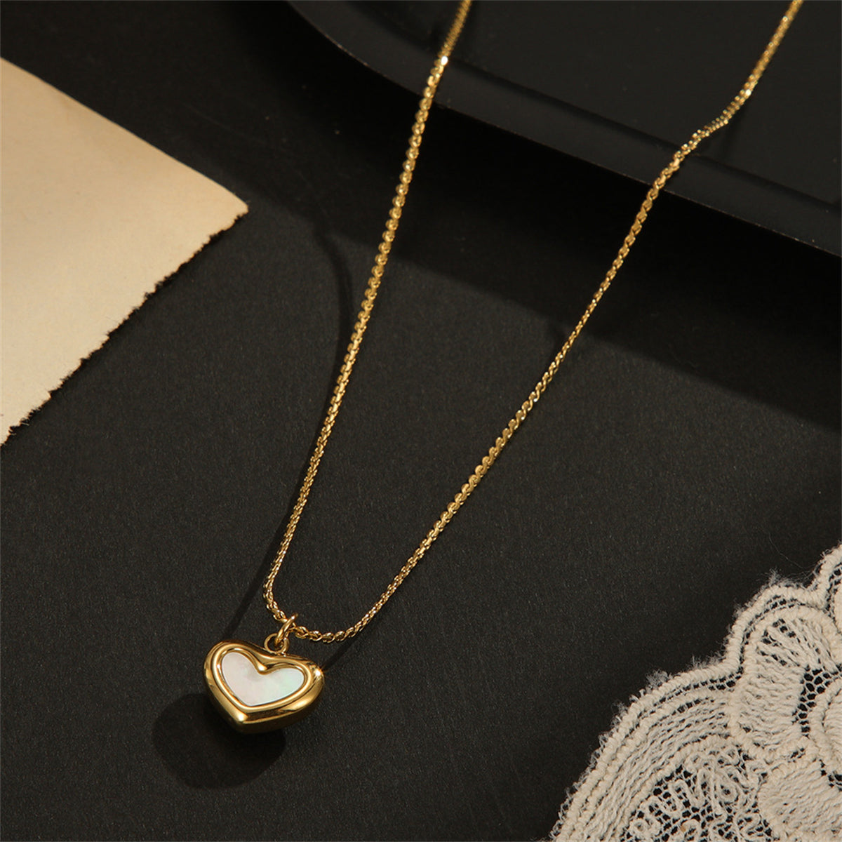Shell and 18K Gold-Plated Heart Pendant Necklace, gold pendant necklace for women, dainty minimalist design, detail close-up