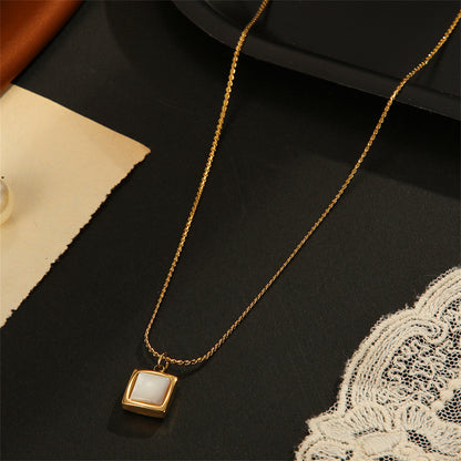 Shell and 18K Gold-Plated Square Pendant Necklace, gold pendant necklace for women, vintage-inspired design, side view