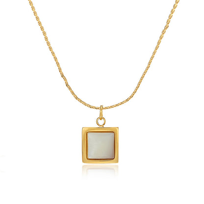 Shell and 18K Gold-Plated Square Pendant Necklace, gold pendant necklace for women, vintage-inspired design, front view