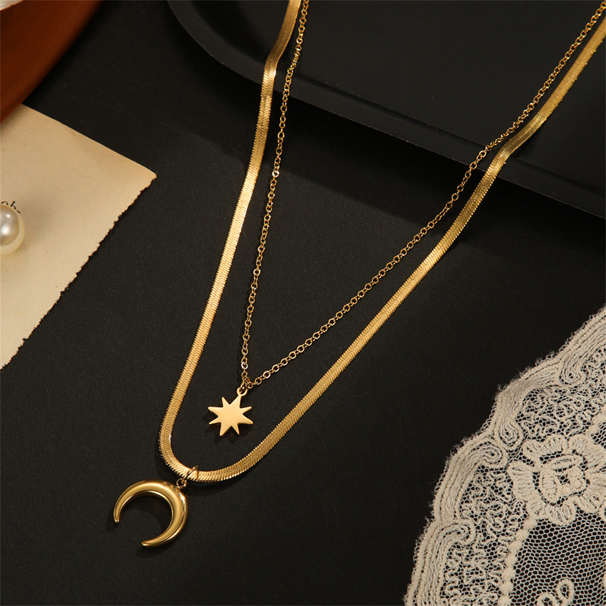 18K Gold-Plated Celestial Snake-Chain Layered Necklace, gold pendant necklace for women, elegant gift for her, side view