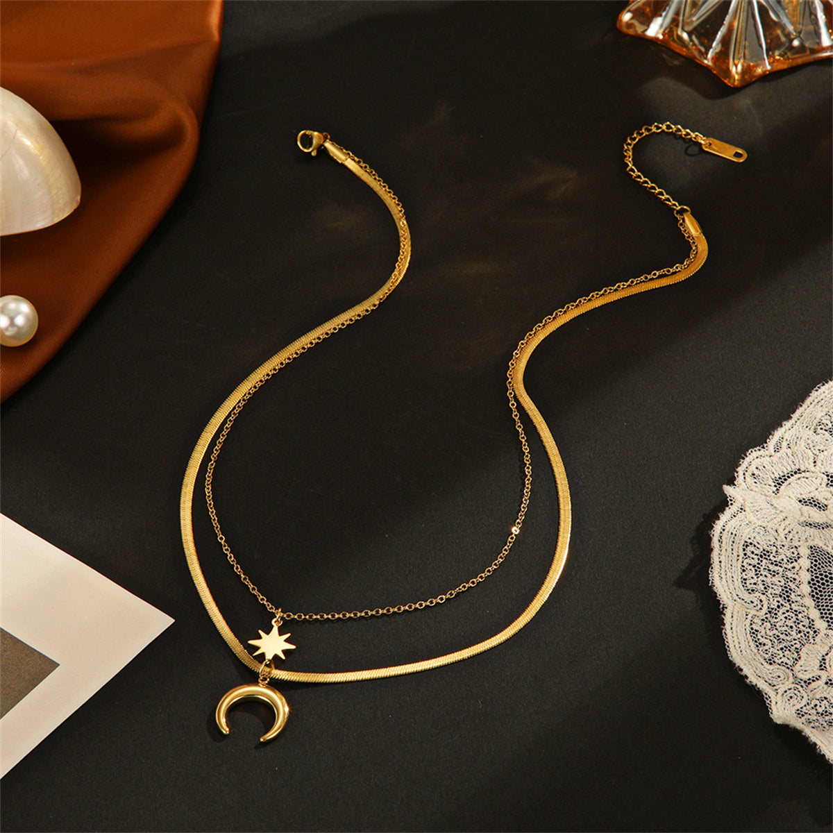 18K Gold-Plated Celestial Snake-Chain Layered Necklace, gold pendant necklace for women, detail close-up