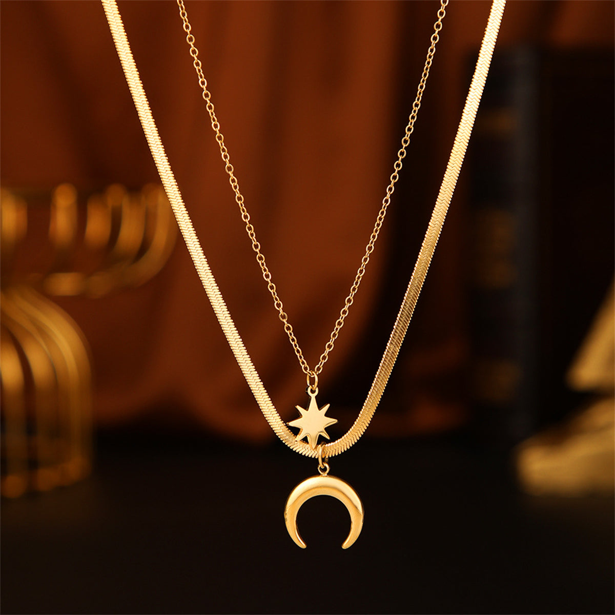 18K Gold-Plated Celestial Snake-Chain Layered Necklace, gold pendant necklace for women, elegant gift for her, lifestyle look