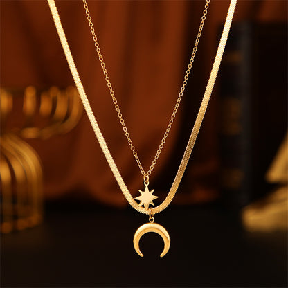18K Gold-Plated Celestial Snake-Chain Layered Necklace, gold pendant necklace for women, elegant gift for her, lifestyle look