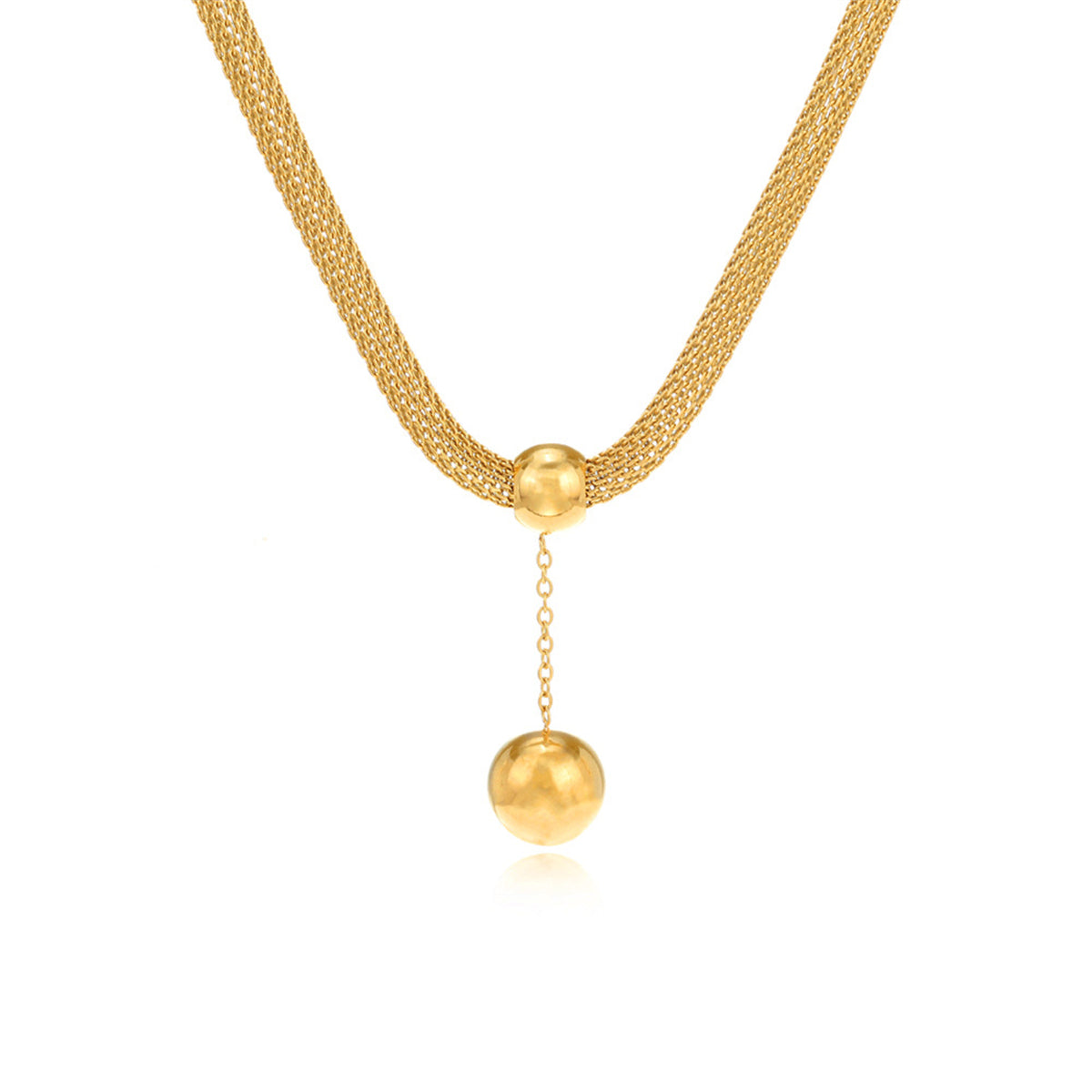 Dazzling 18K gold-plated ball pendant necklace on a mesh chain, perfect for adding sophistication to any outfit.