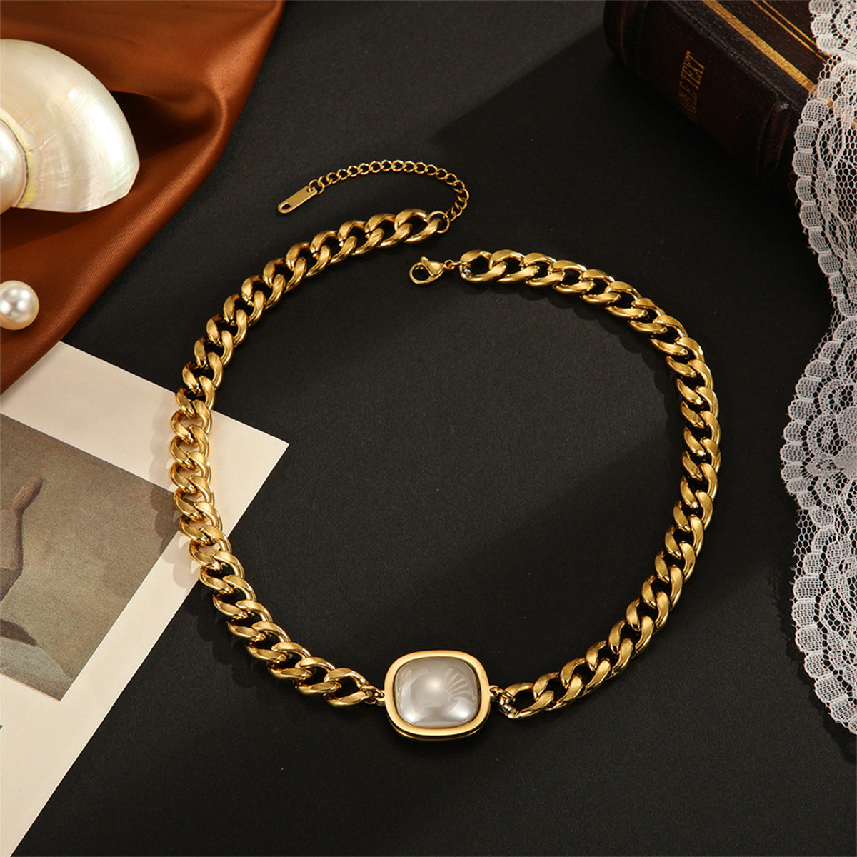 Pearl and 18K Gold-Plated Curb Chain Pendant Necklace, gold pendant necklace for women, botanical inspired, lifestyle look