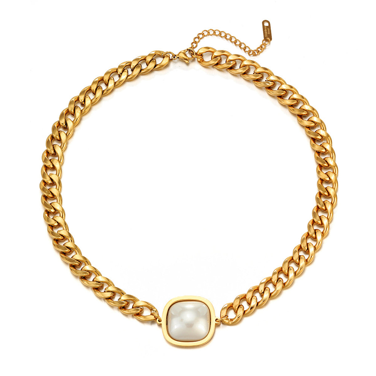 Pearl and 18K Gold-Plated Curb Chain Pendant Necklace, gold pendant necklace for women, botanical inspired, front view