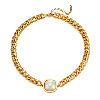 Pearl and 18K Gold-Plated Curb Chain Pendant Necklace, gold pendant necklace for women, botanical inspired, front view